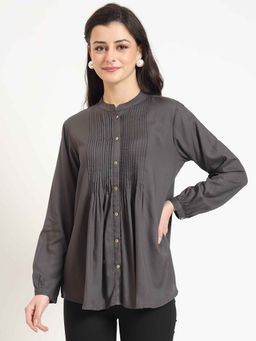 Divena - Grey Solid Rayon Fabric Straight Top