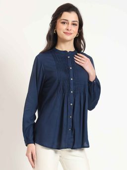 Divena - Navy Blue Solid Rayon Fabric Straight Top