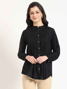 Divena - Black Solid Rayon Fabric Straight Top