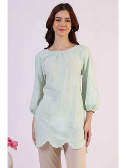 W - Pastel Green Slub Embroidered Scalloped Detail Top