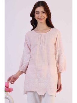 W - Pink Embroidered Pure Cotton Scalloped Top