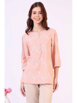 W - Peach Floral Schiffli Embroidered Rayon Flax Top