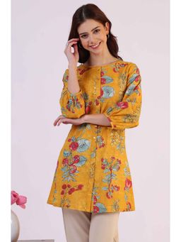 W - Mustard Floral Printed Button Down Pure Cotton Top