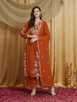 Gahan - Womens Faux Georgette Fabric Thread Embroidery Kurta Palazzo With Dupatta