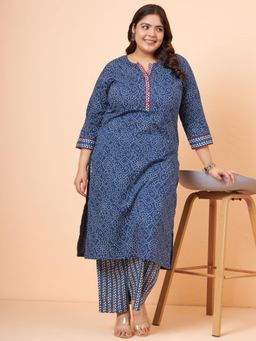Gahan - Women Plus Size Indigo Printed Pure Cotton Kurta with Palazzo