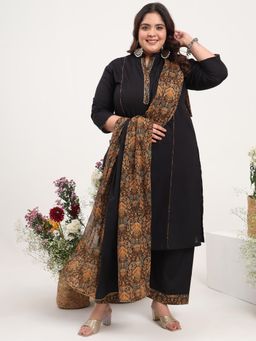 Gahan - Women Plus Size Black Pure Cotton Kurta & Palazzo with Printed Dupatta