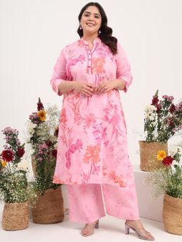Gahan - Women Plus Size Cotton Satin Pink Floral Printed Kurta with Palazzo