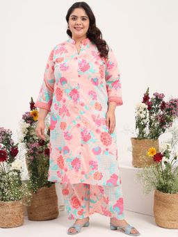 Gahan - Women Plus Size Cotton Satin Peach Floral Printed Kurta with Palazzo