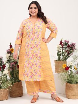 Gahan - Women Plus Size Cotton Satin Yellow Floral Printed Kurta with Palazzo