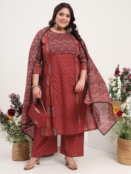 Gahan - Women Plus Size Cotton Satin Maroon Printed Kurta & Palazzo with Dupatta
