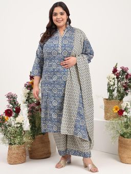 Gahan - Women Plus Size Blue Printed Pure Cotton Kurta Palazzo with Dupatta