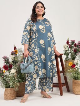 Gahan - Women Plus Size Grey Floral Printed Pure Cotton Kurta with Palazzo