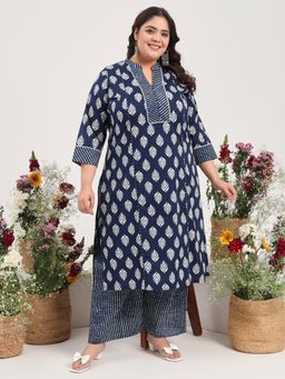Gahan - Women Plus Size Indigo Printed Pure Cotton Kurta with Palazzo