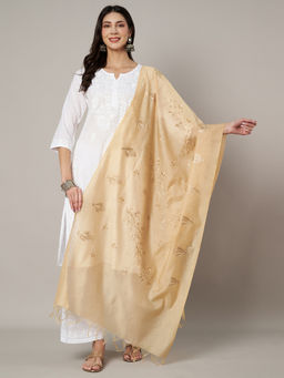 MUFFLY - Women Embroidered Chanderi Cotton Beige Dupatta