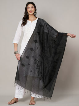 MUFFLY - Women Embroidered Chanderi Cotton Black Dupatta