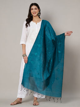 MUFFLY - Women Embroidered Chanderi Cotton Blue Dupatta