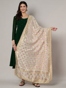MUFFLY - Georgette Bandhani Off White Dupatta with Heavy Traditional Embroidery Cut Stone Work
