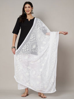 MUFFLY - Women Embroidered Chiffon White Dupatta