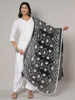 MUFFLY - Women Embroidered Chiffon Black Dupatta