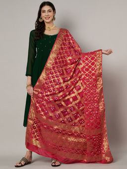 MUFFLY - Women Banarasi Designer Bandhej Gharchola Silk Red Dupatta with Gota Lace