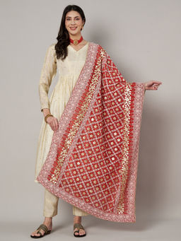 MUFFLY - Red Georgette Lucknowi Dupatta with Gotta Patti Work