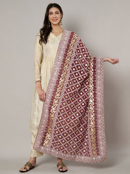 MUFFLY - Maroon Georgette Lucknowi Dupatta with Gotta Patti Work