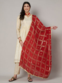 MUFFLY - Red Chinnon Dupatta with Sequence Embroidery Work
