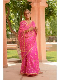 Zari Jaipur - Pink Embroidered Gota Work Saree with Unstitched Blouse