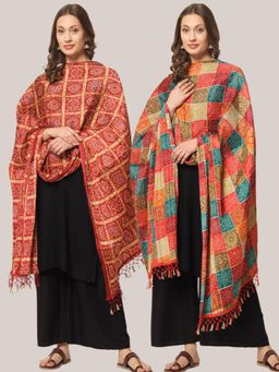 Zamour - Multi-Color Chinon Check and Bandhani Printed Dupatta (Pack of 2)
