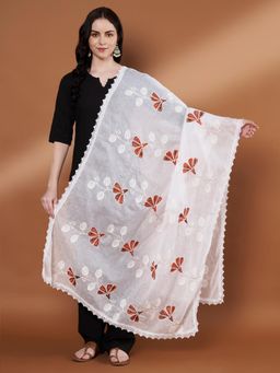 Zamour - White Colourful Embroidery Pure Cotton Dupatta