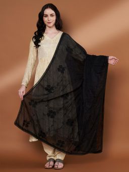 Zamour - Black Cotton Floral Embroidered Dupatta