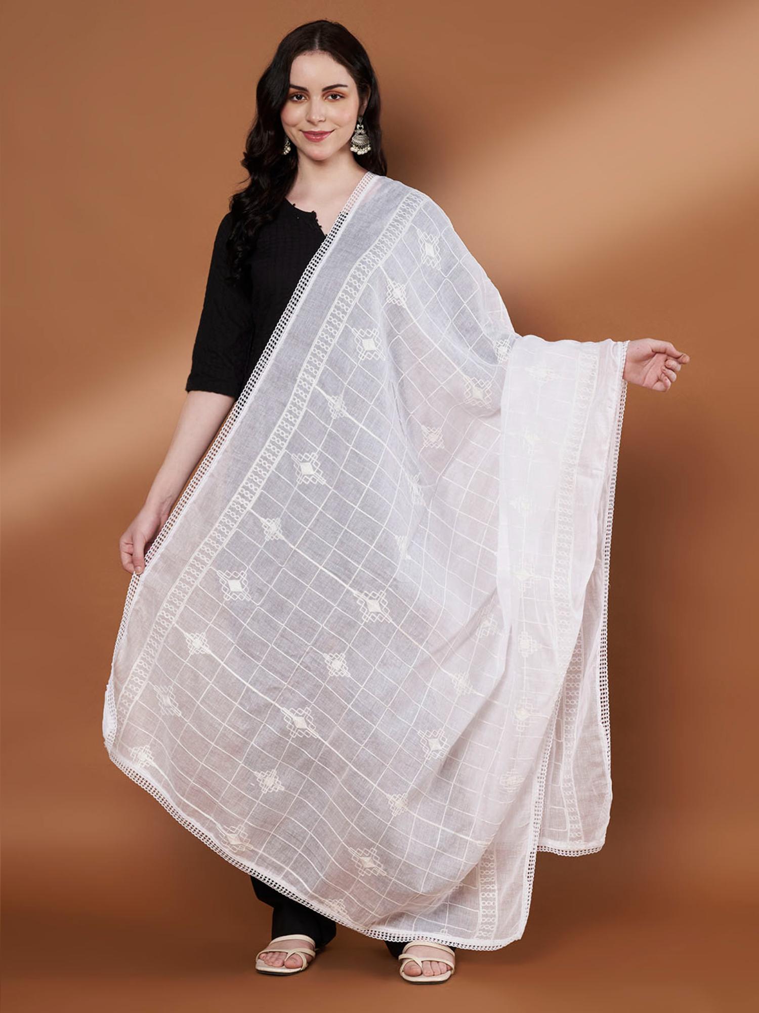 White Pure Cotton Embroidered Dupatta-image-16