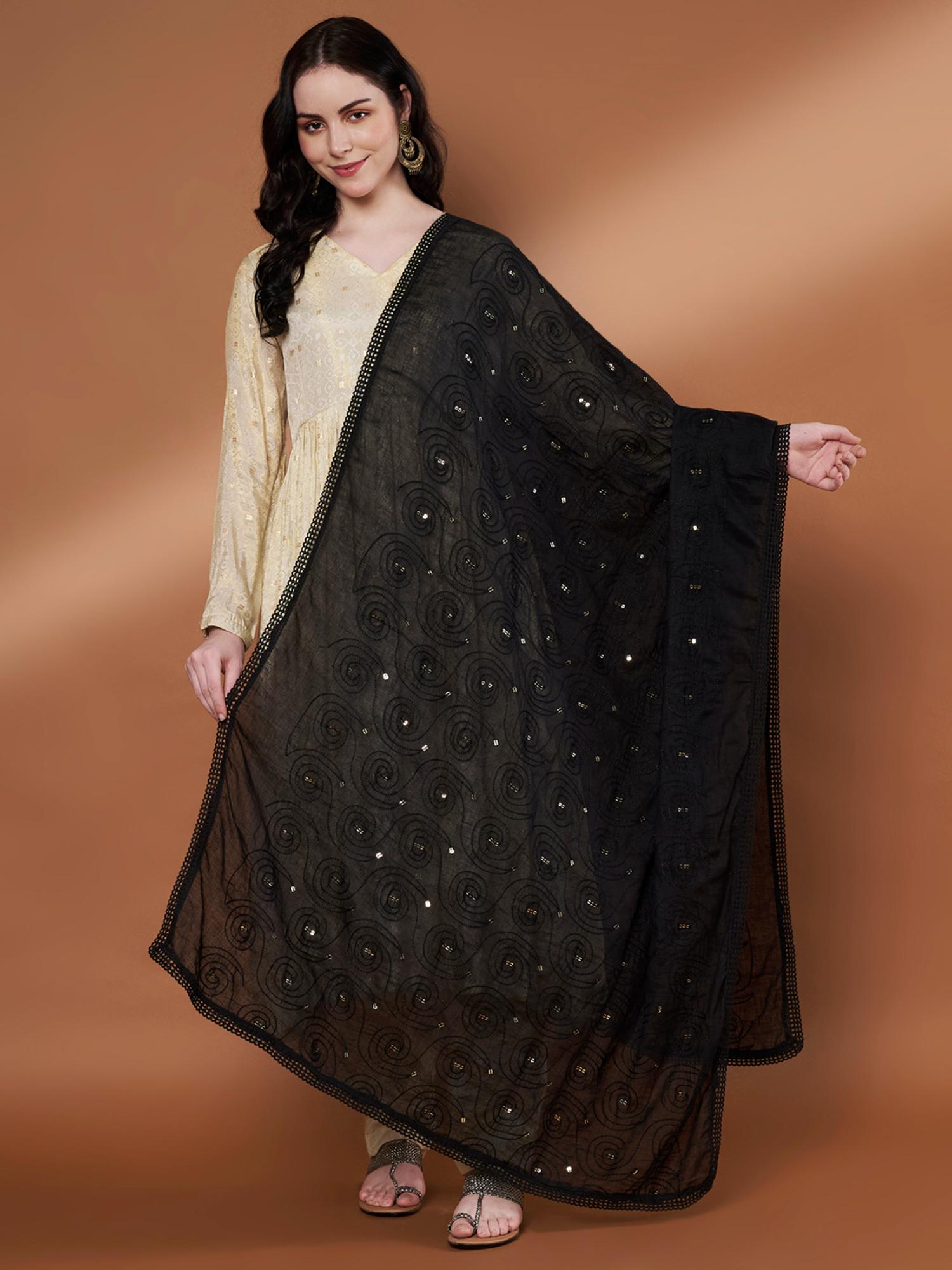 zamour Black Pure Cotton Sequin and Embroidered Dupatta-picture-44