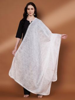 Zamour - White Pure Cotton Sequin and Embroidered Dupatta