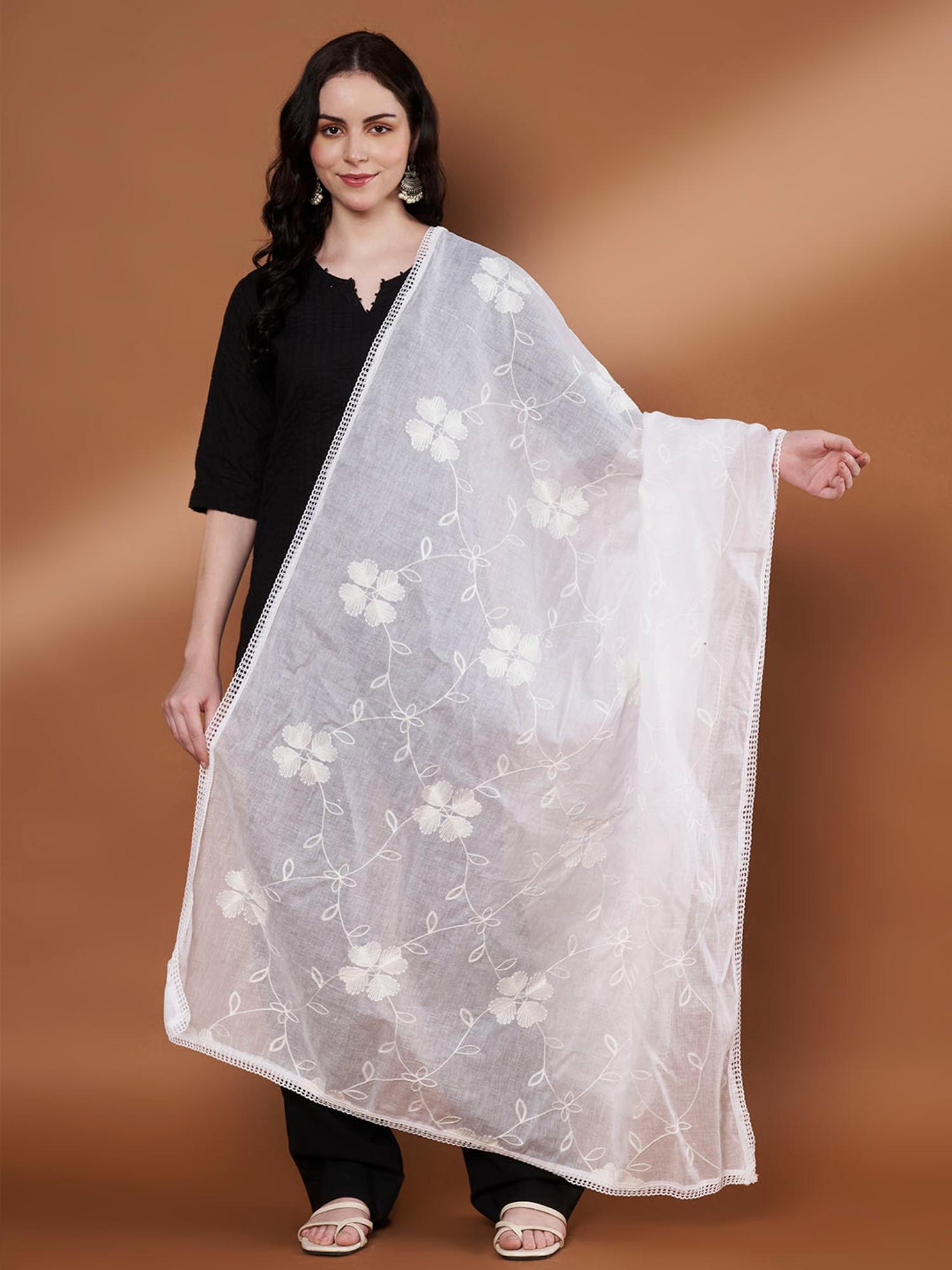 zamour White Cotton Floral Embroidered Dupatta-picture-43