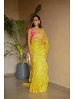 Zari Jaipur - Yellow Lehriya Printed Saree with Unstitched Blouse