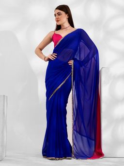 Modeva - Colorblocked Mirrorwork Georgette Saree with Unstitched Blouse