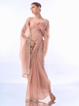 Modeva - Pink Embellished Sequinned Organza Saree with Unstitched Blouse