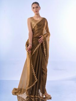 Modeva - Gold Embellished Beads and Stones Organza Saree with Unstitched Blouse