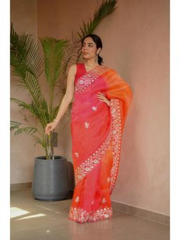 Zari Jaipur - Red Floral Embroidered Saree with Unstitched Blouse