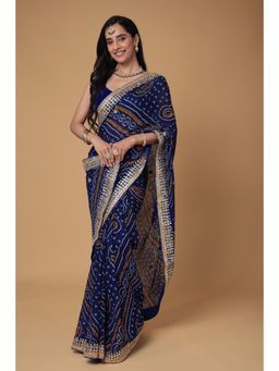 Zari Jaipur - Navy Blue Bandhani Printed Gott Patti Saree with Unstitched Blouse