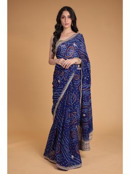Zari Jaipur - Navy Blue Bandhani Printed Gota Work Saree with Unstitched Blouse