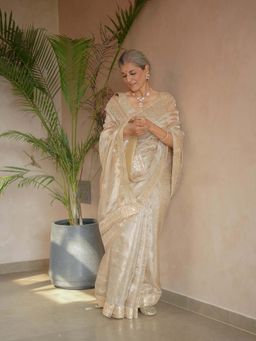 Zari Jaipur - Ivory Embroidered Gotta Work Border Saree with Unstitched Blouse