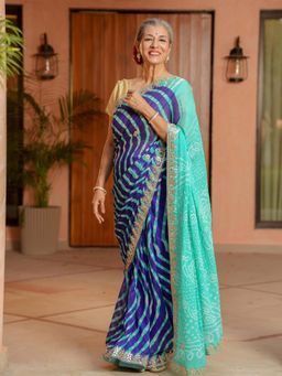 Zari Jaipur - Navy Blue Lehriya Printed Saree with Unstitched Blouse