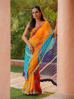Zari Jaipur - Multi-Color Lehriya Printed Gota Work Bordered Saree with Unstitched Blouse