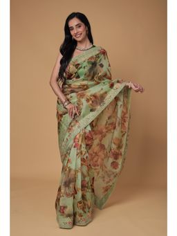 Zari Jaipur - Green Floral Printed Saree with Unstitched Blouse