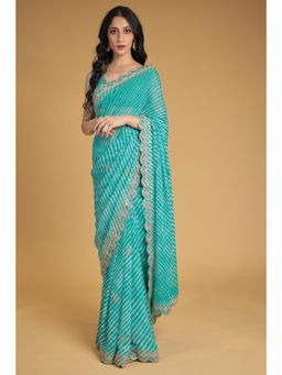 Zari Jaipur - Green Lehriya Printed Gotapatti Worked Saree with Unstitched Blouse