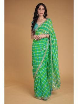 Zari Jaipur - Green Printed Checks Gota Work Saree with Unstitched Blouse