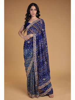 Zari Jaipur - Navy Blue Bandhani Printed Saree with Unstitched Blouse