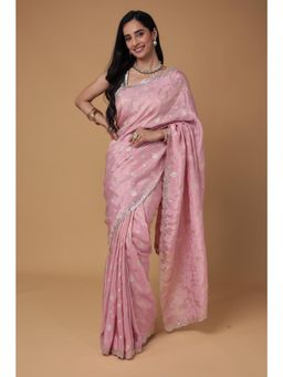 Zari Jaipur - Pink Woven Design Mirror Work Saree with Unstitched Blouse
